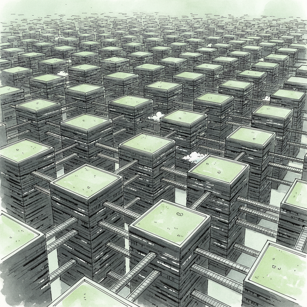 Architectural sketch of an arcacity seen from above — hundreds of identical square megatowers in a precise grid, connected by dense walkway bridges, green rooftops, clouds drifting at mid-height